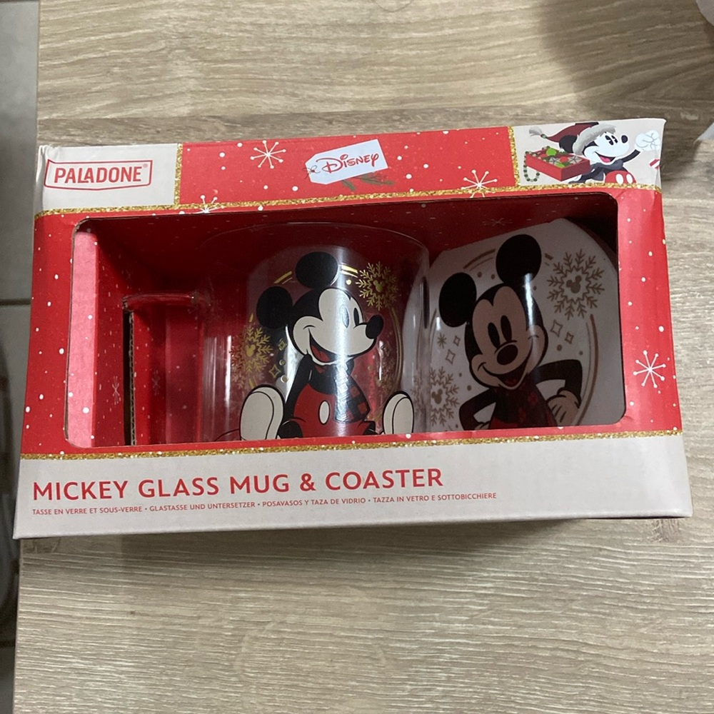 DISNEY MICKEY GLASS MUG & COASTER CHRISTMAS BOX SET PALADONE